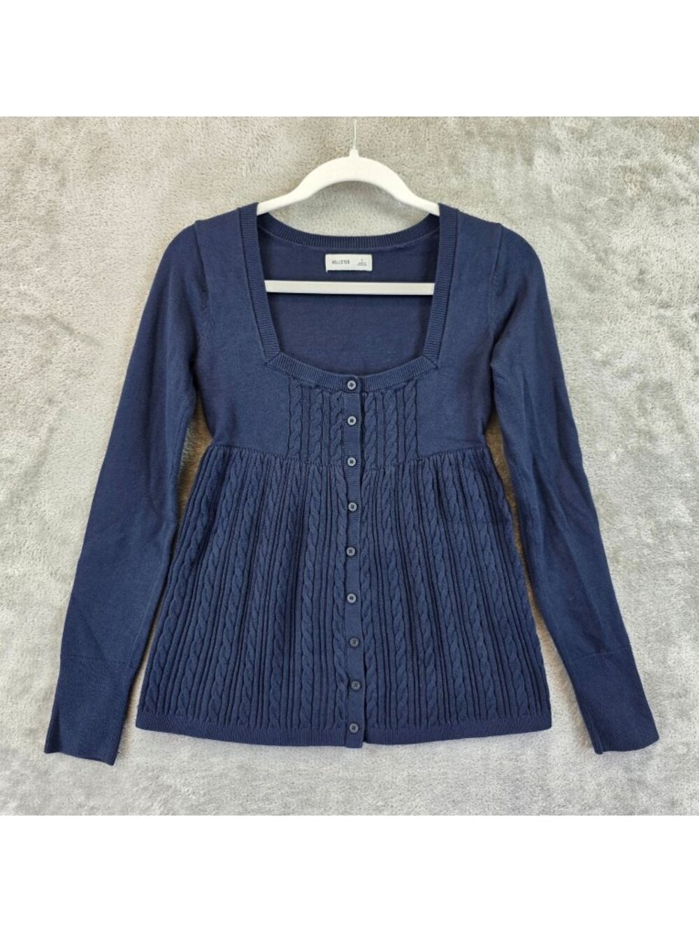 Hollister Cardigan Sweater Juniors S Blue Square Neck Babydoll Cable Knit Button